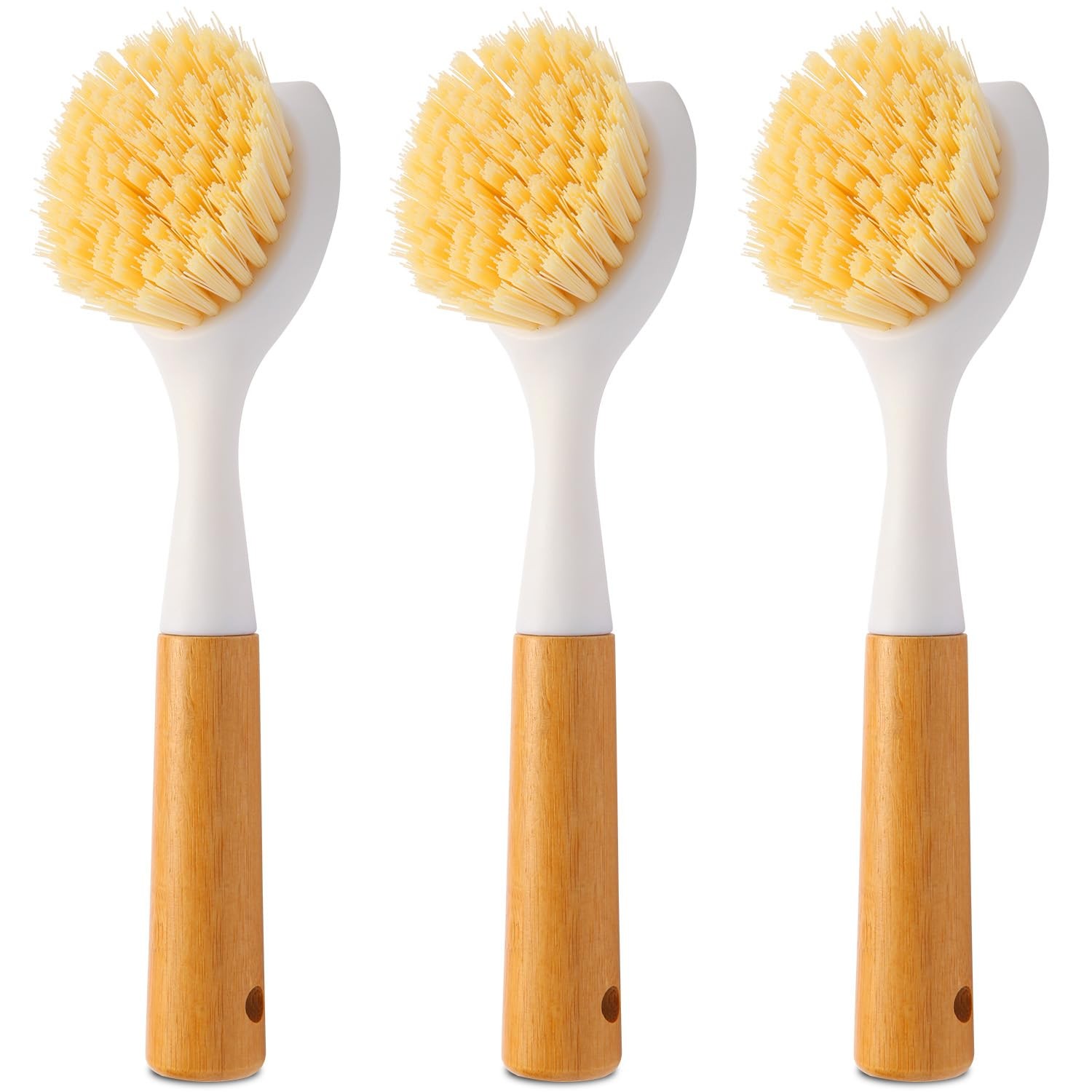 3 Pack Dish Brush Set with Bamboo Handle, Dish Scrubber Built-in Scraper, Kit…
