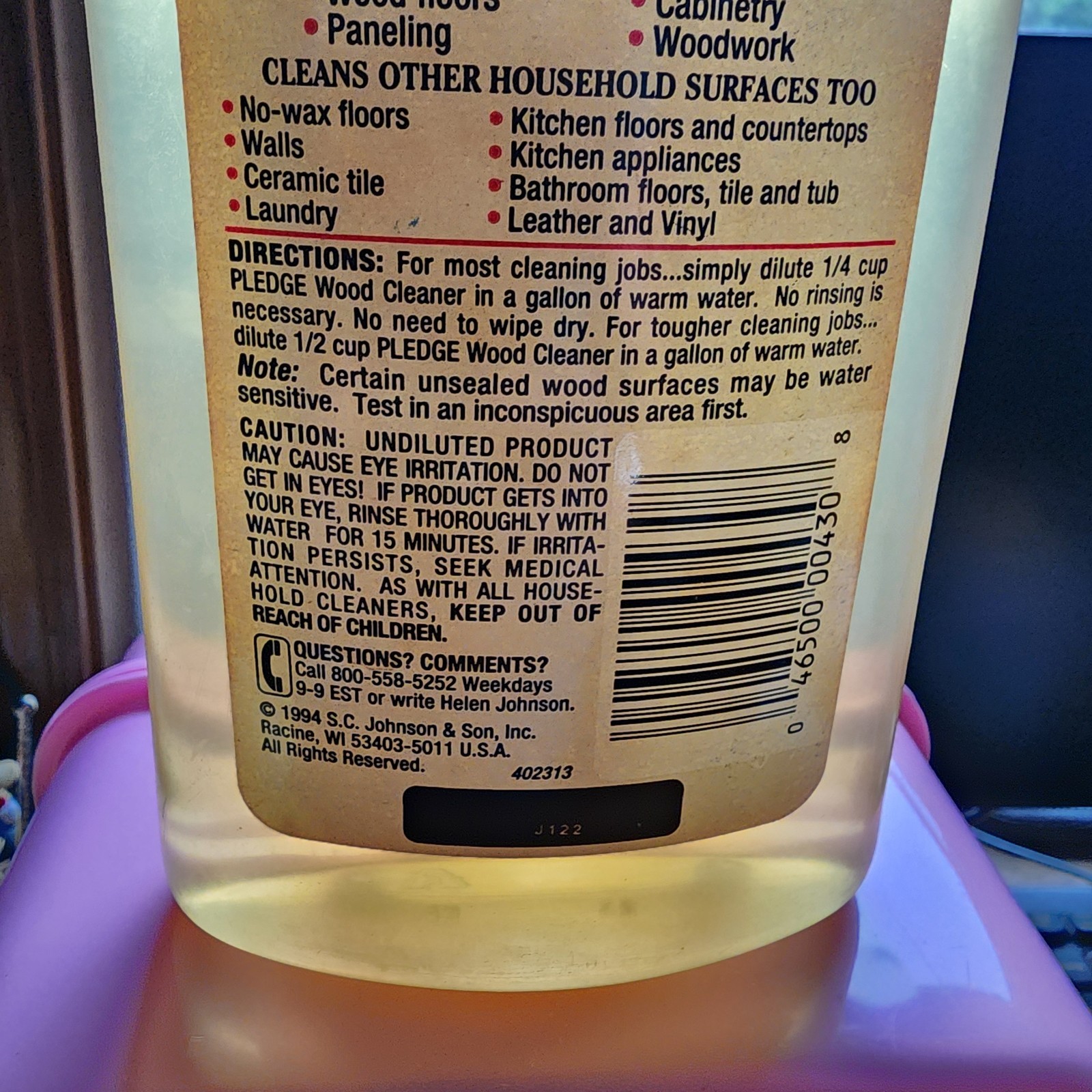 Vintage 1994 Pledge Wood Cleaner Liquid 80% Full 16 Fl Oz