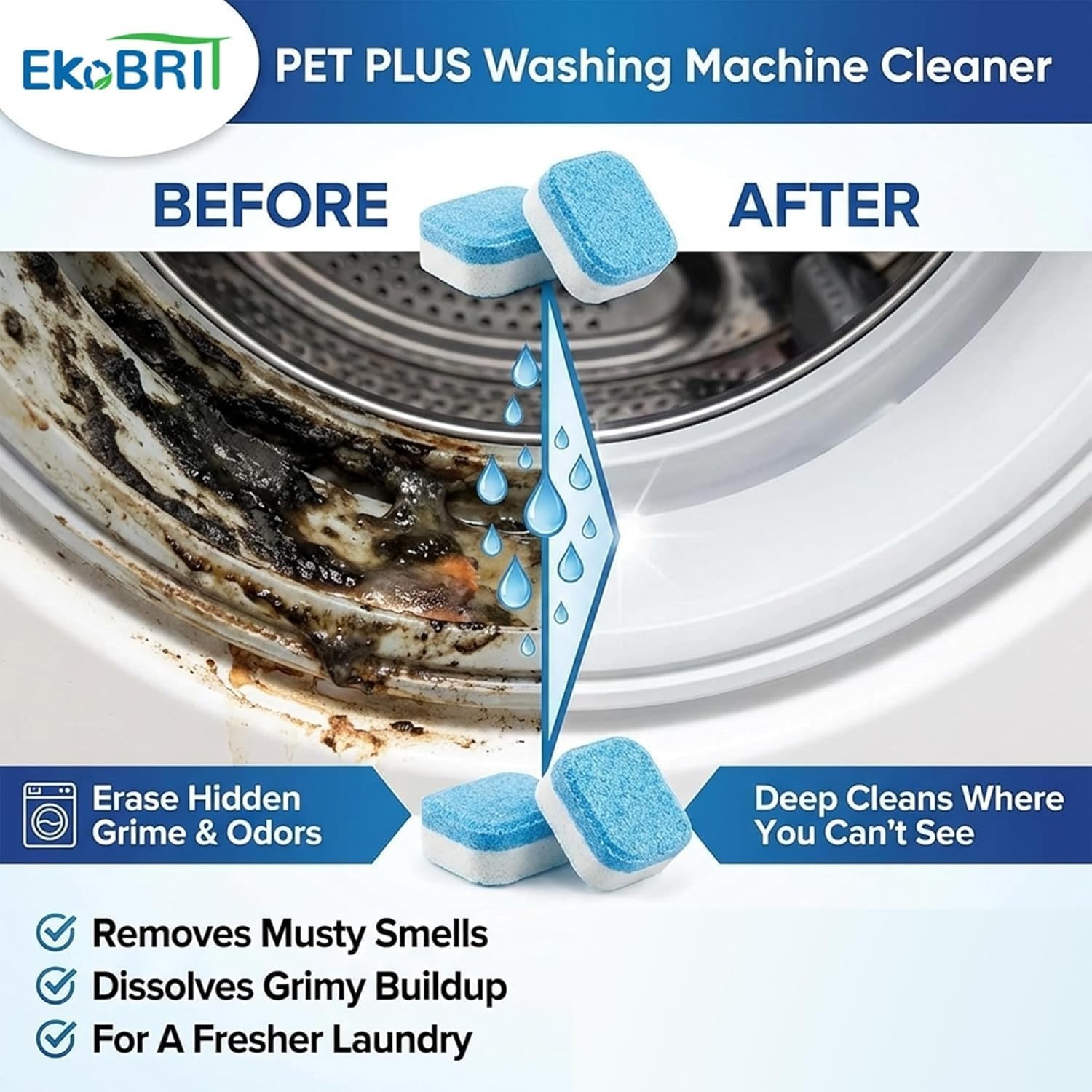24 Enzyme Washing Machine Cleaning Tablets – Deep Clean Pet Hair, Top/Front Load