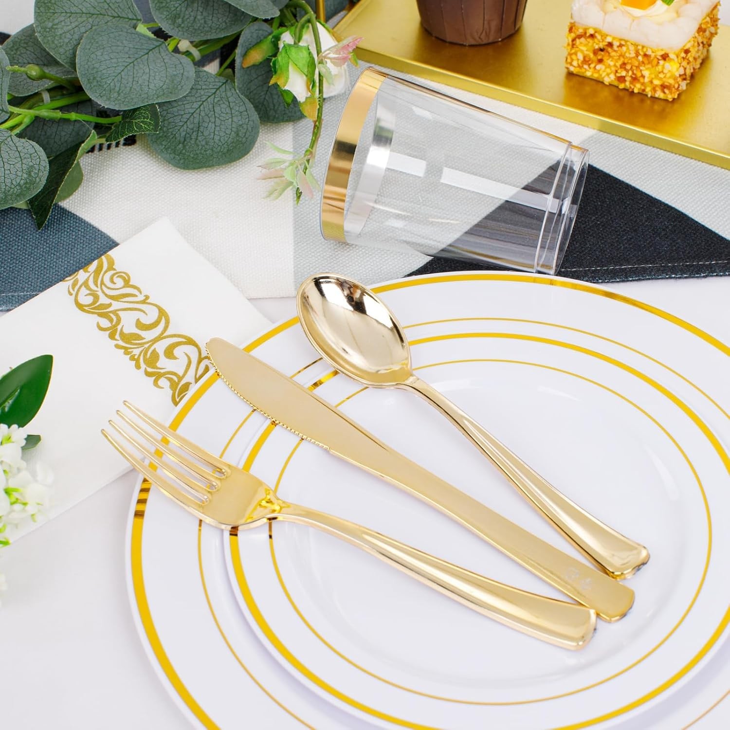 350 Pieces White and Gold Plastic Plates – 50 Guest Dinnerware Set Include 100