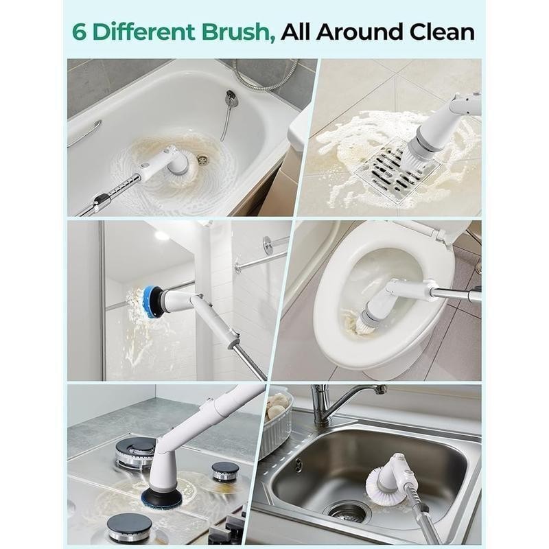 2Speed Electric Spin Scrubber Cordless 8 Heads Adjustable Handle Cleaning Brush