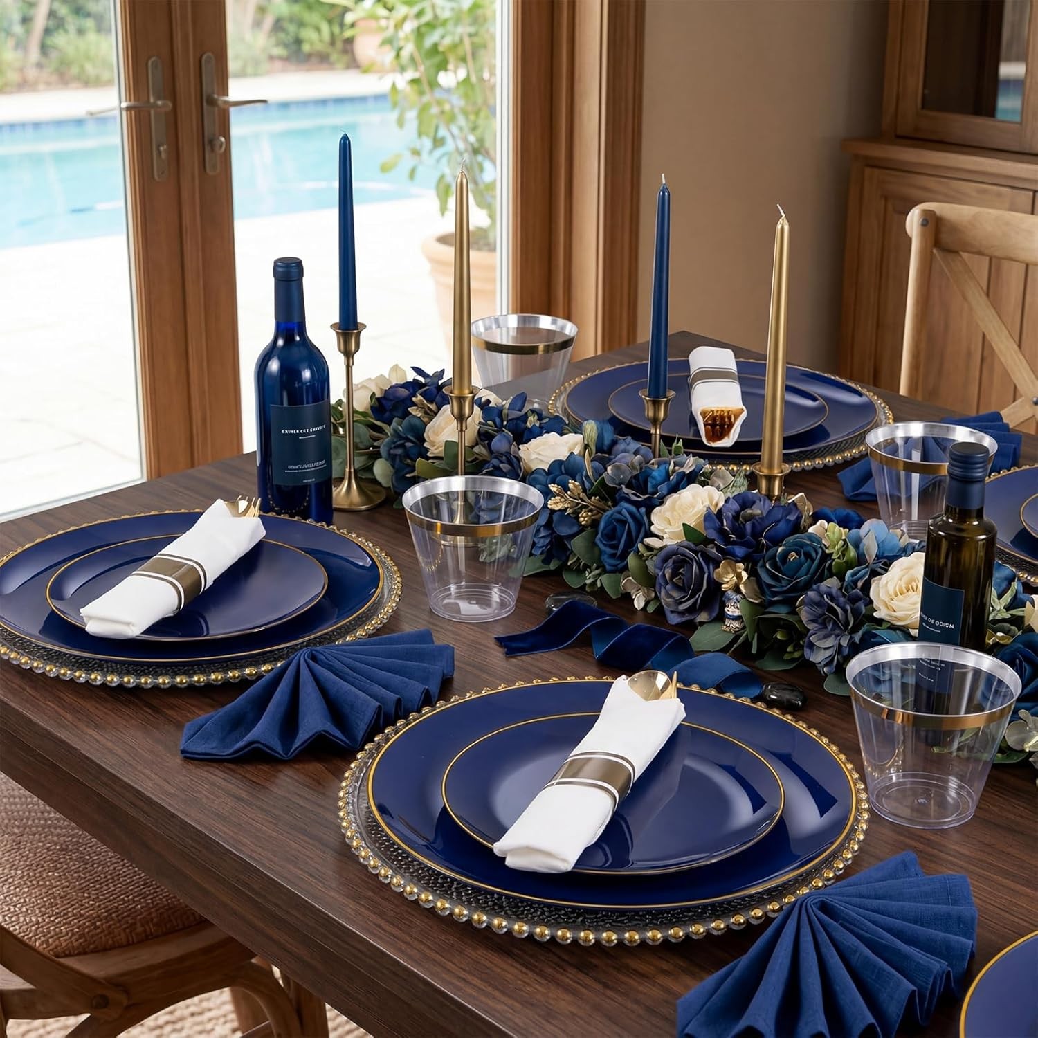 KIRE 175Pcs Blue Plastic Plates – Navy Blue Plates Disposable – 25 for Dinner