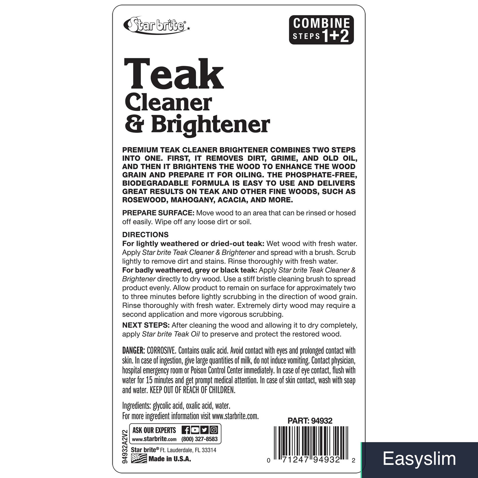 Teak Cleaner & Brightener 32 oz Removes Stains Restores Weathered Wood