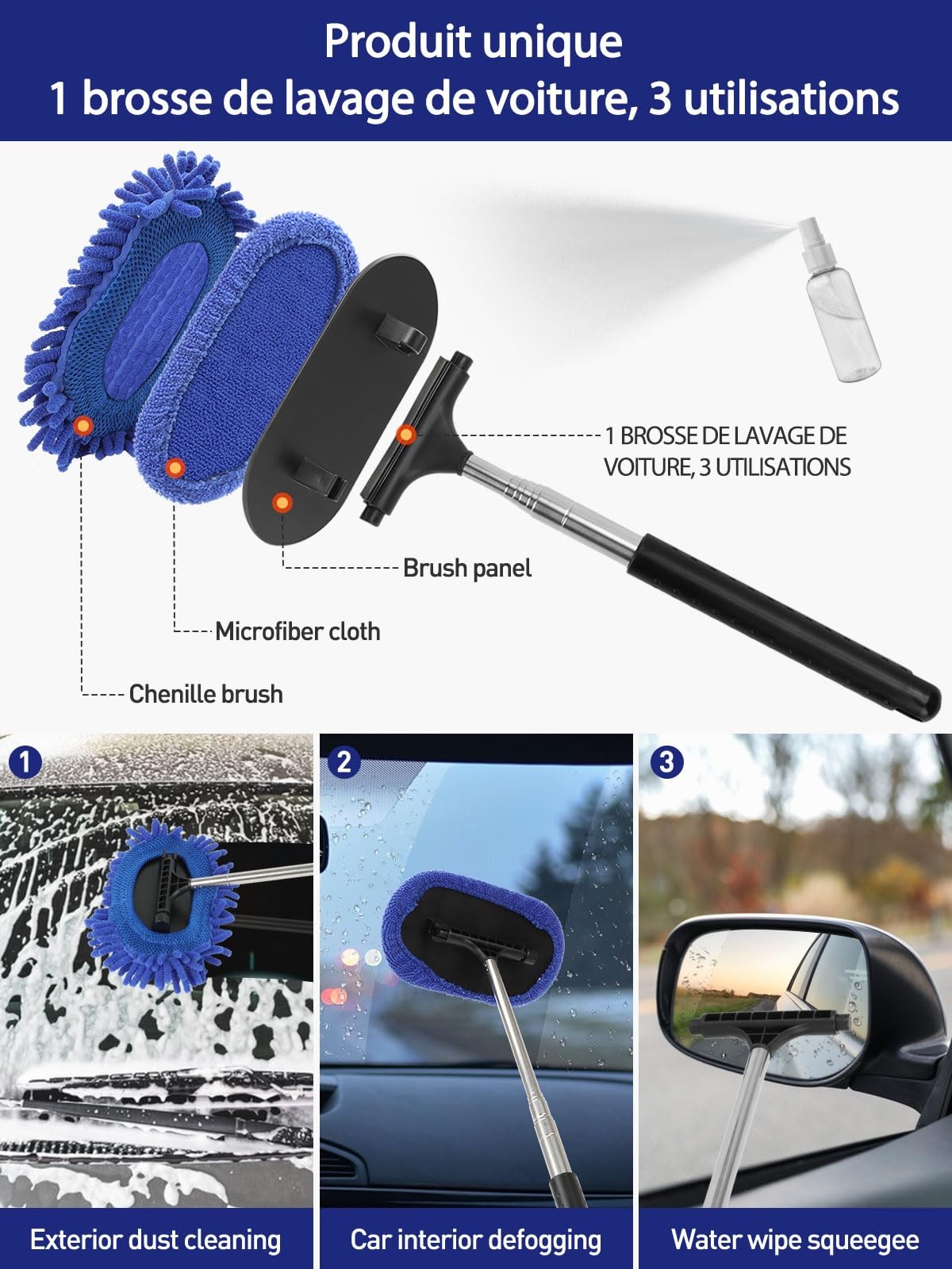 3 in 1 Car Windshield Cleaner Tool 40”Car Rearview Mirror Wiper Squeegee Wash…