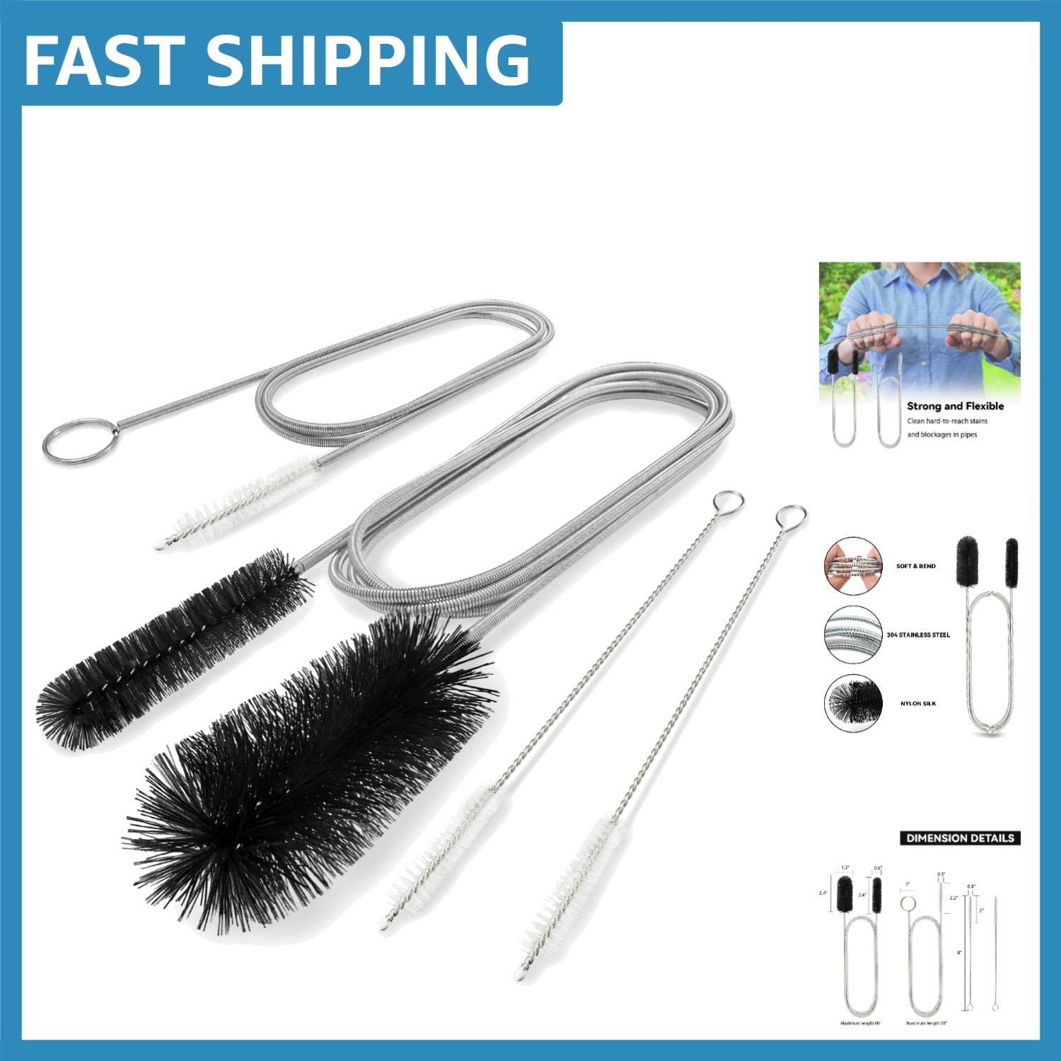 Stainless Steel 4-Piece Pipe Cleaning Brush Set – Long Handle & Portable Design