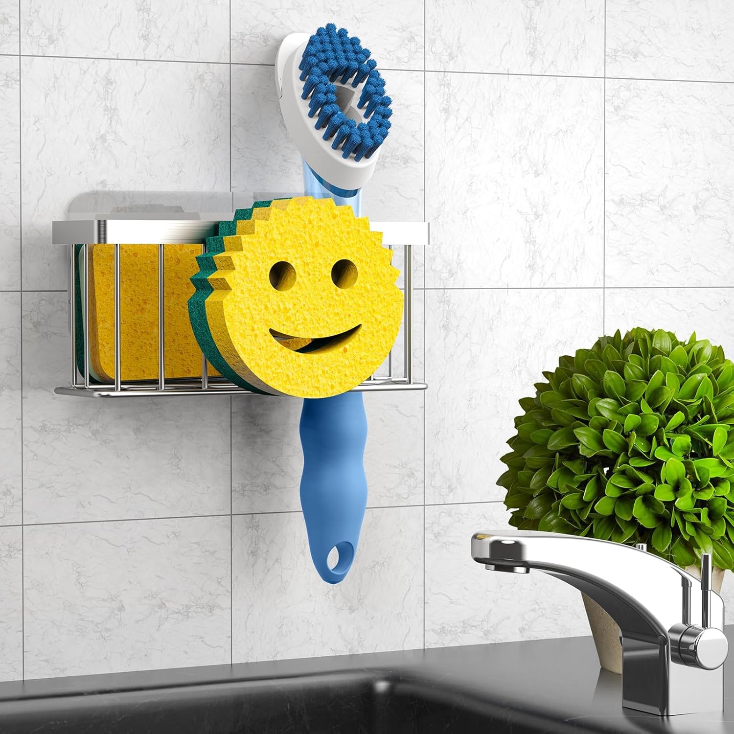 Sponge Holder Smiley Face,Sink Caddy for Kitchen Sink,Sponge Holder with 2 PCS
