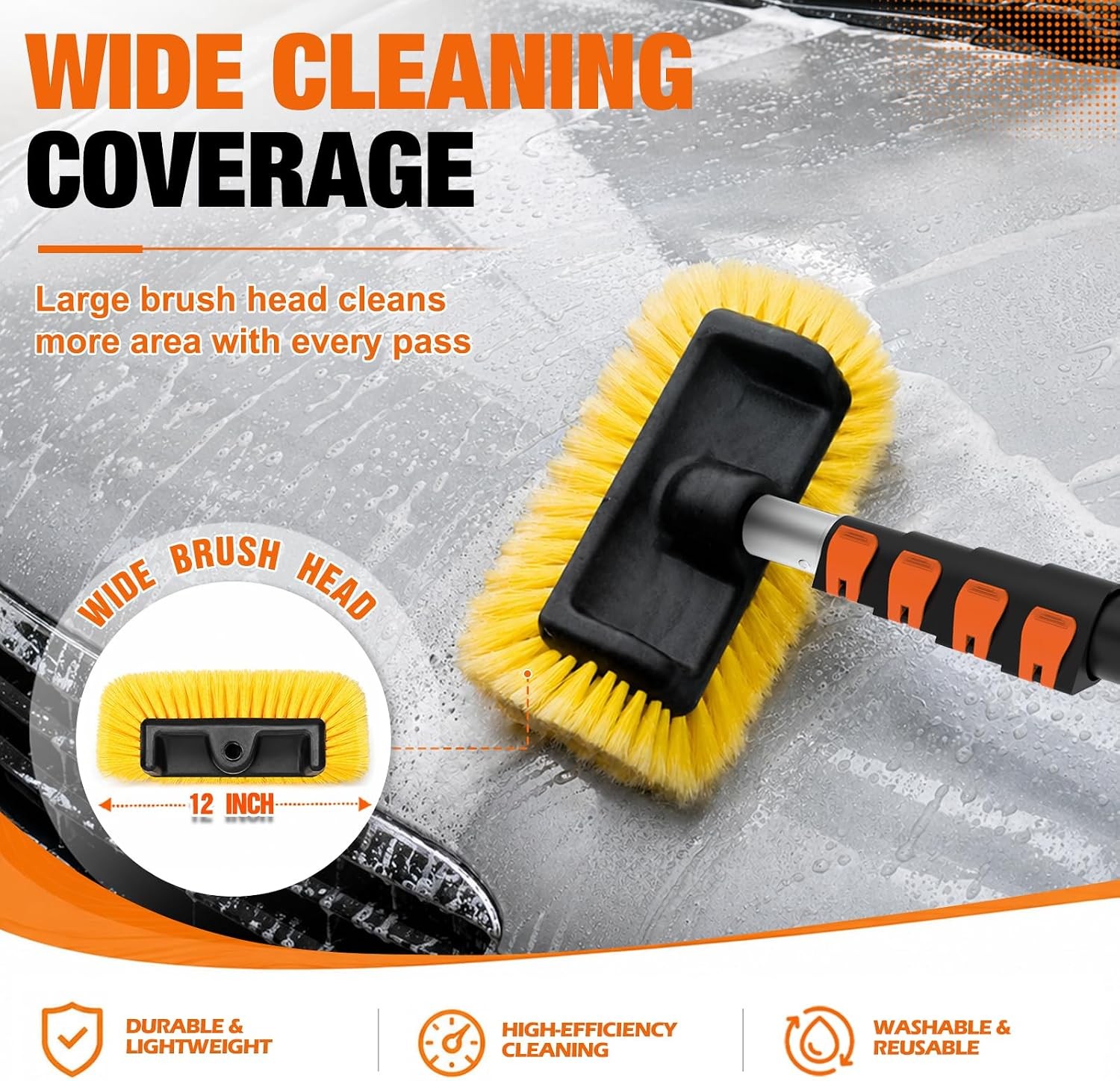 LAANPOLE 12FT Car Wash Brush with Long Handle, Car Cleaning Brush with 12 Inch