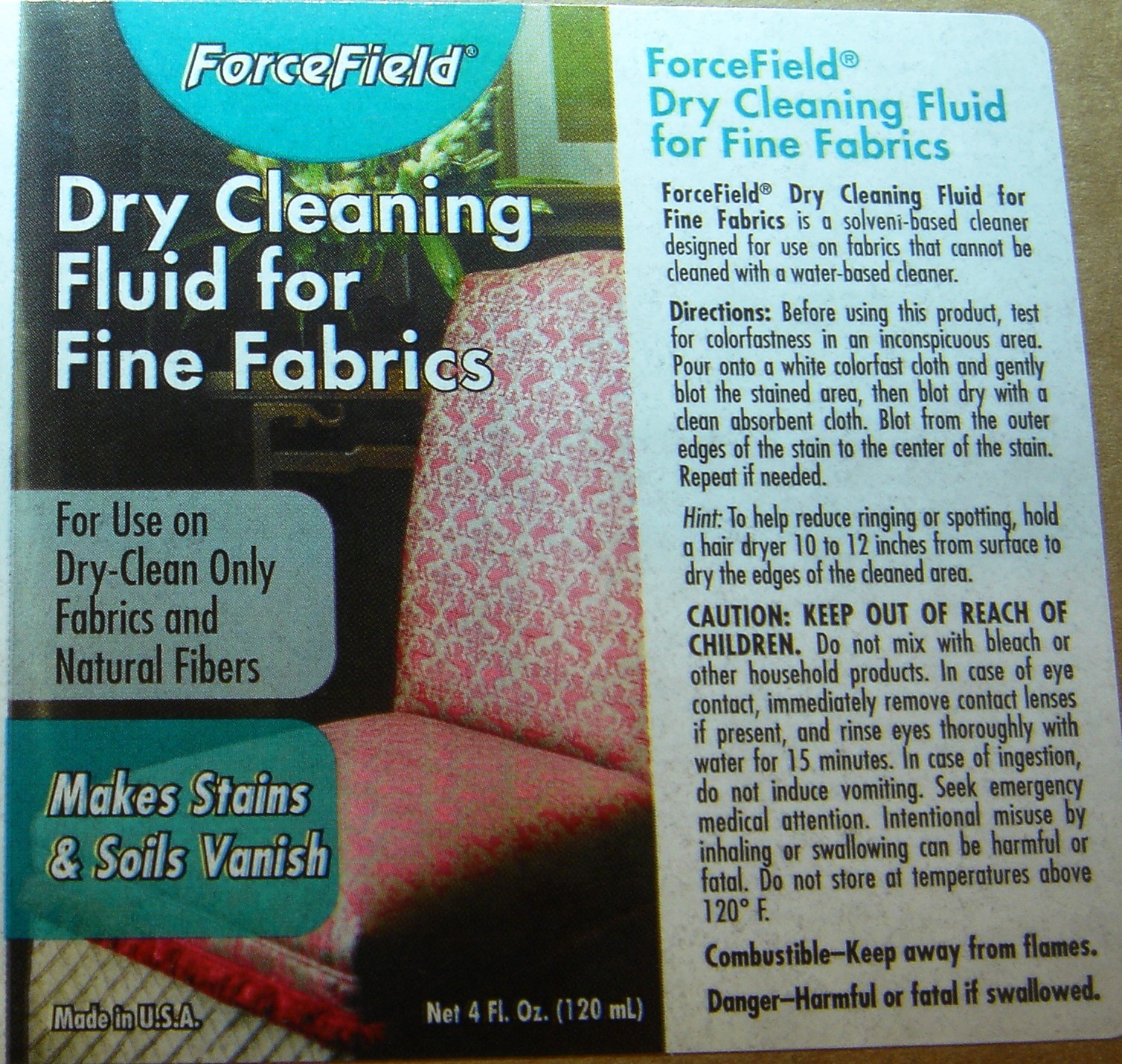 FORCEFIELD BEST DRY CLEANING FLUID FOR FINE FABRICS, 4oz.FREE FAST SHIPPING