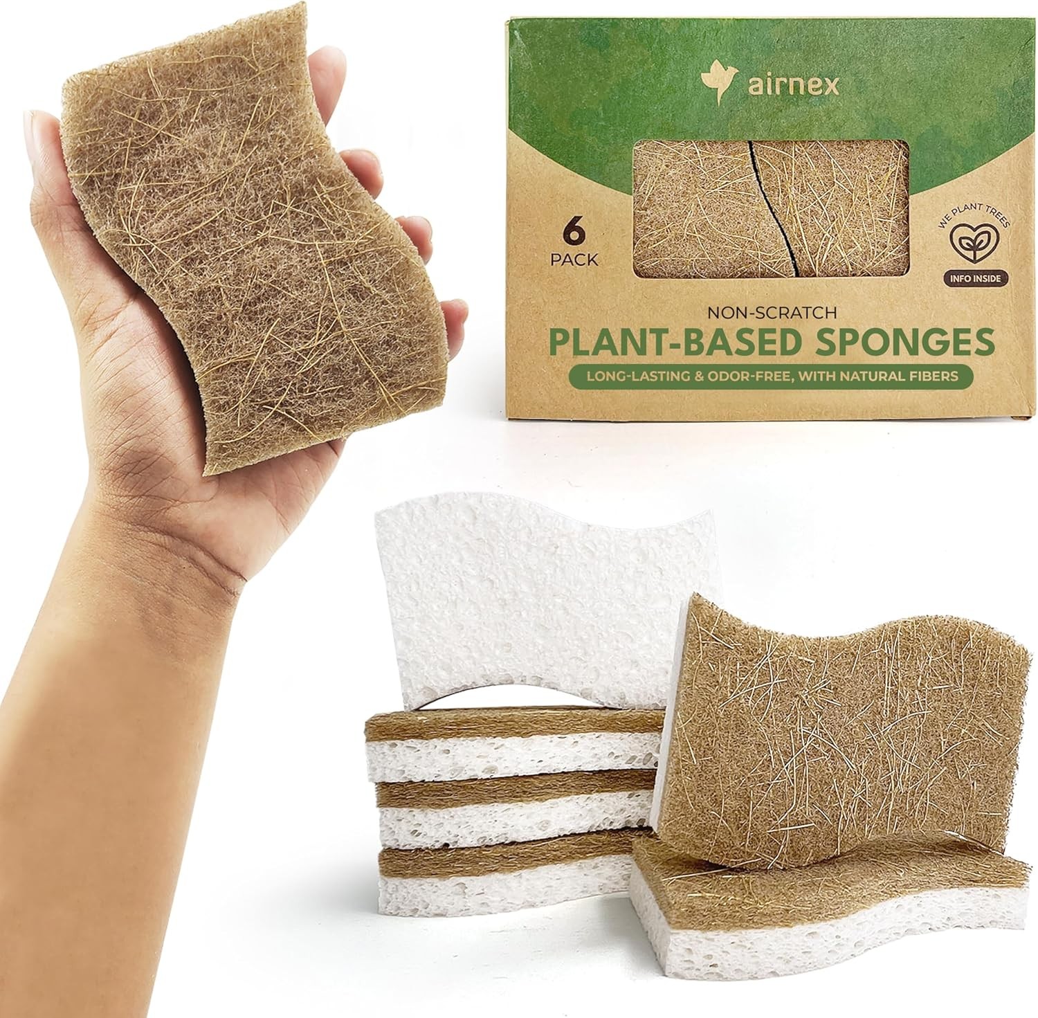 Natural Kitchen Sponges (6 Pack) – Biodegradable Cellulose & Coconut Scrubber