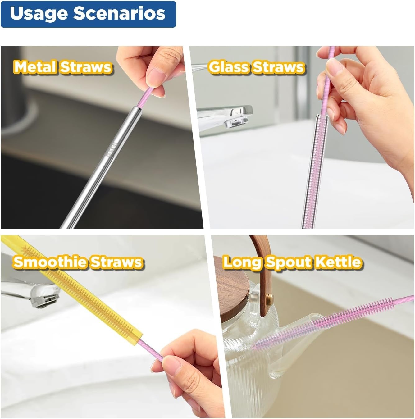 Silicone Straw Cleaner Brush, 2Pcs Reusable Straw Brush Extra Long for Cleani…