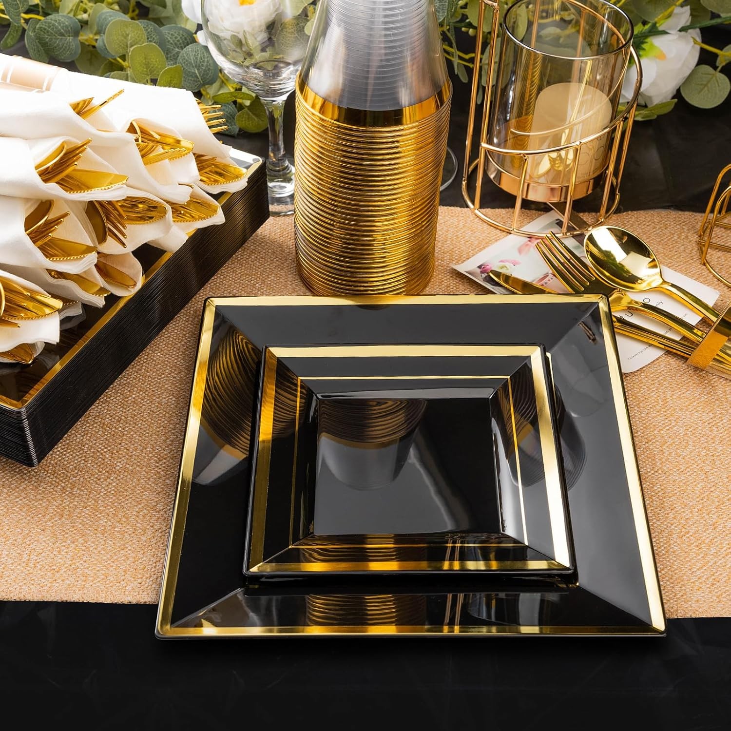 Goodluck 352 Pieces Black Dinnerware Set for 50 Guests, Black Square Plastic P