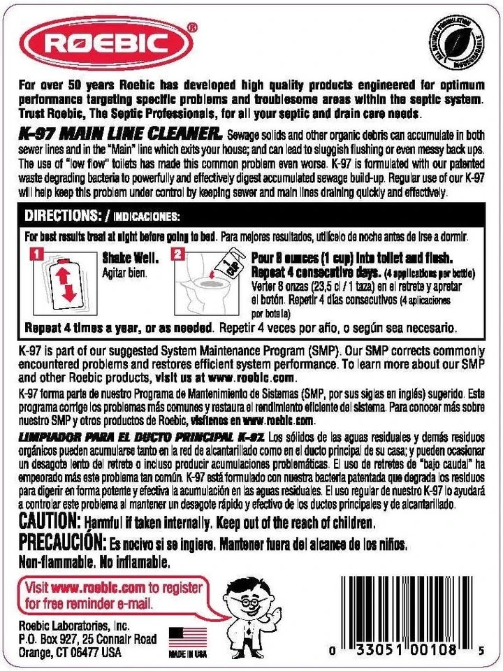 Main Line Cleaner – Exclusive Bacteria Digests Paper, Fats, and Grease in Sewer.