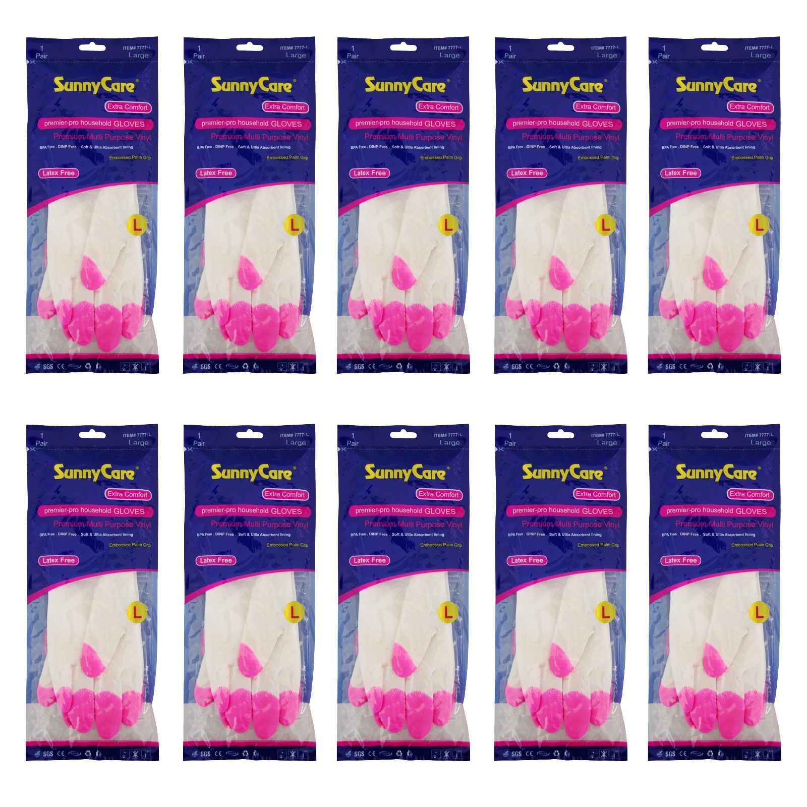 10Pairs SunnyCare Heavy Duty Household Cleaning Vinyl Gloves 13” L (Latex Free)