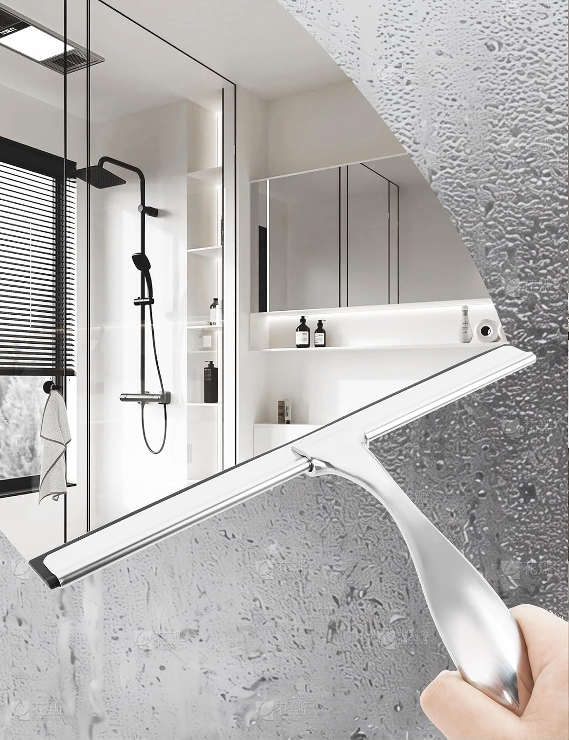 All-Purpose Stainless Steel Shower Squeegee Come with S Hook, 2 Square Sticky Ho