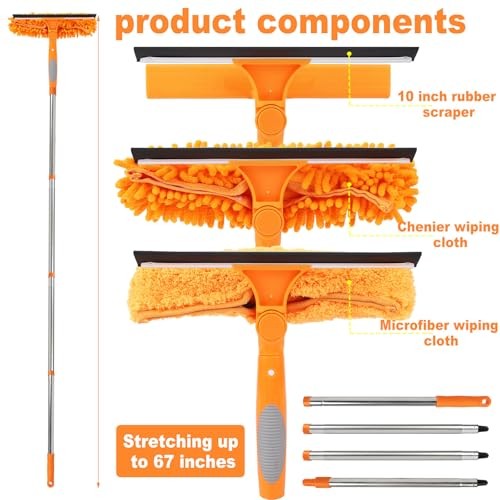 67″ Window Squeegee Cleaner Kit with Extension Pole 3-in-1 Rotatable Tool