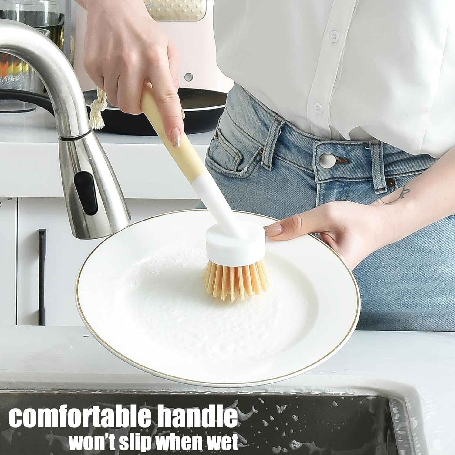 Dish Brush with 3 Replaceable Heads Non Scratch Cast Iron Pan Cleaner