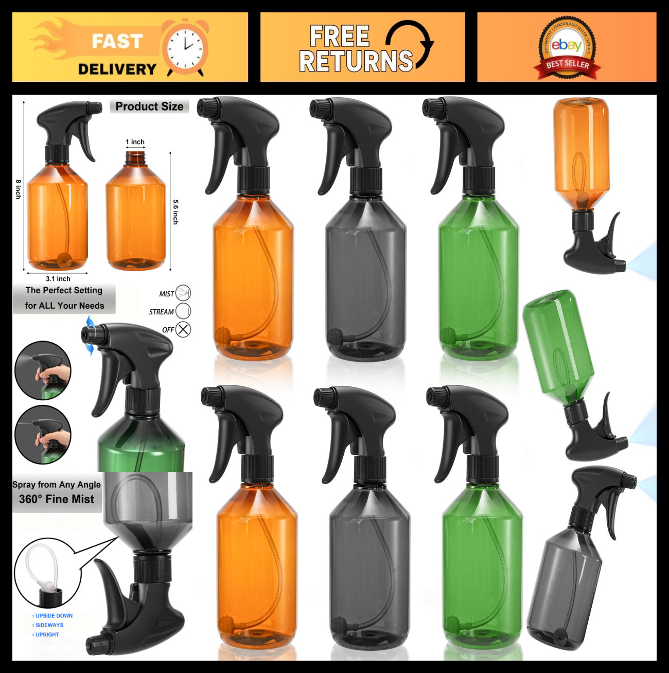 6 Pack 17oz Fine Mist Spray Bottles – Refillable Plastic Containers for Cleaning