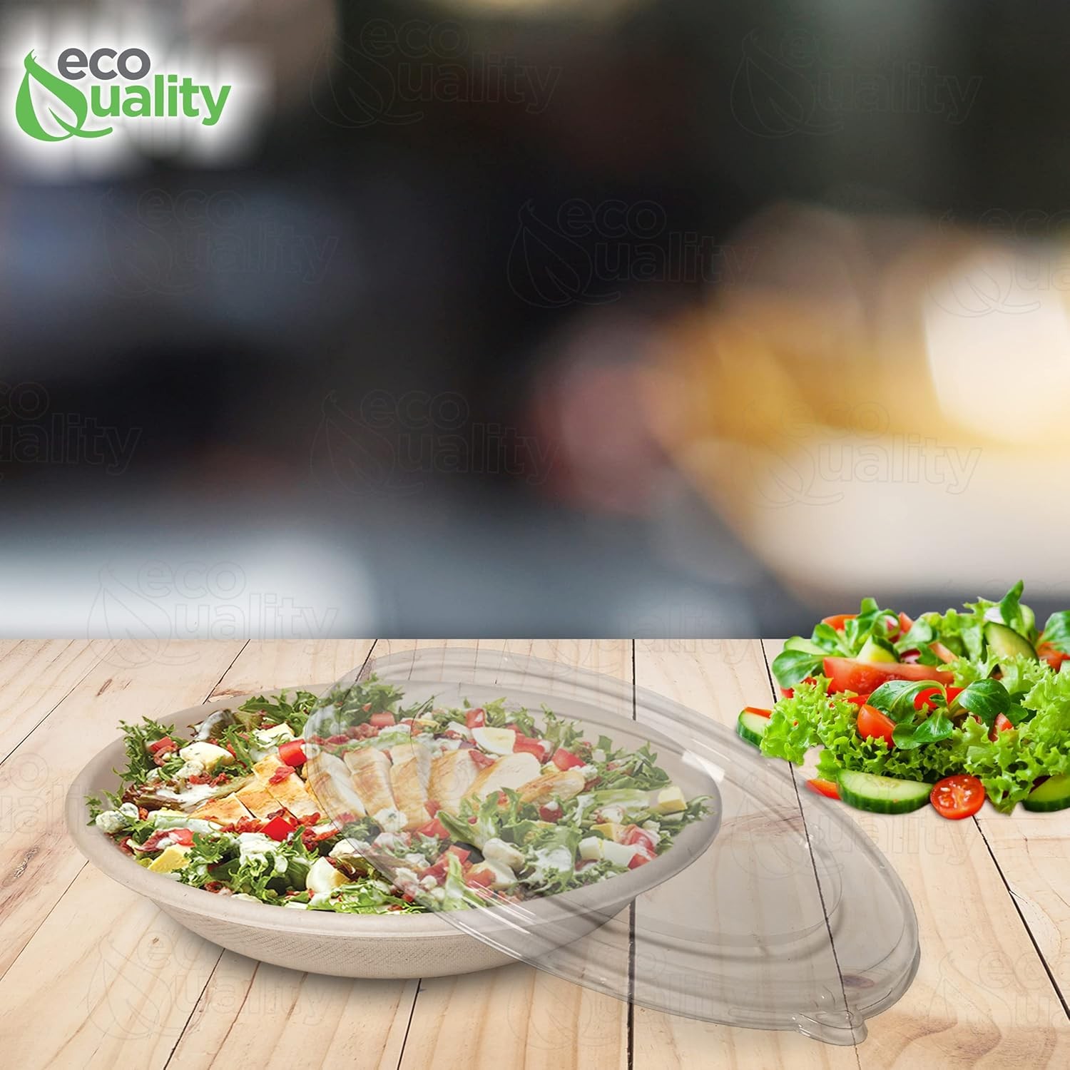 EcoQuality 100 Count 24oz Round Disposable Bowls with Microwavable Lids Natura