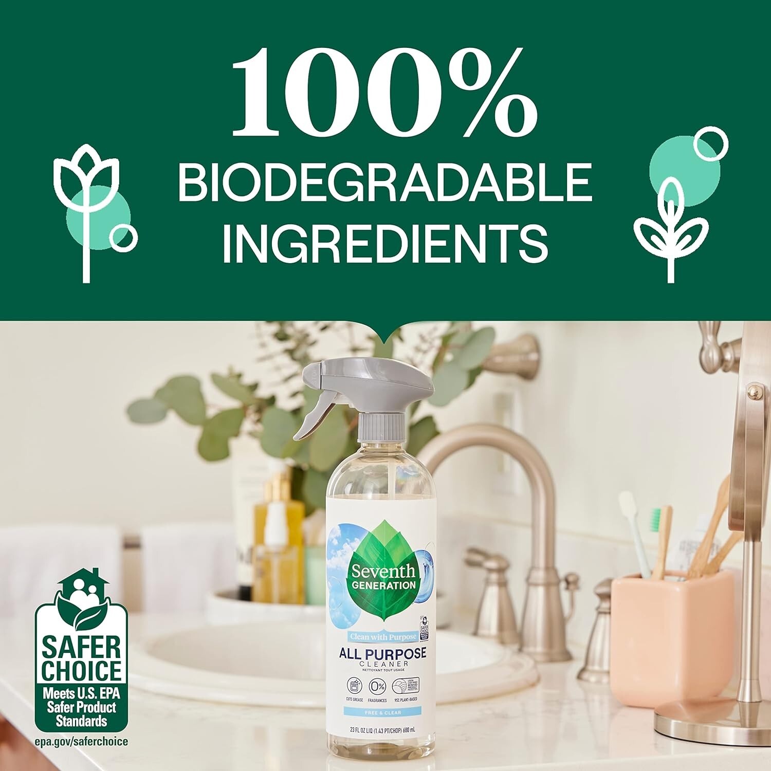 Seventh Generation All-Purpose Cleaner, Free & Clear,  Septic Safe, 23 oz X 4.