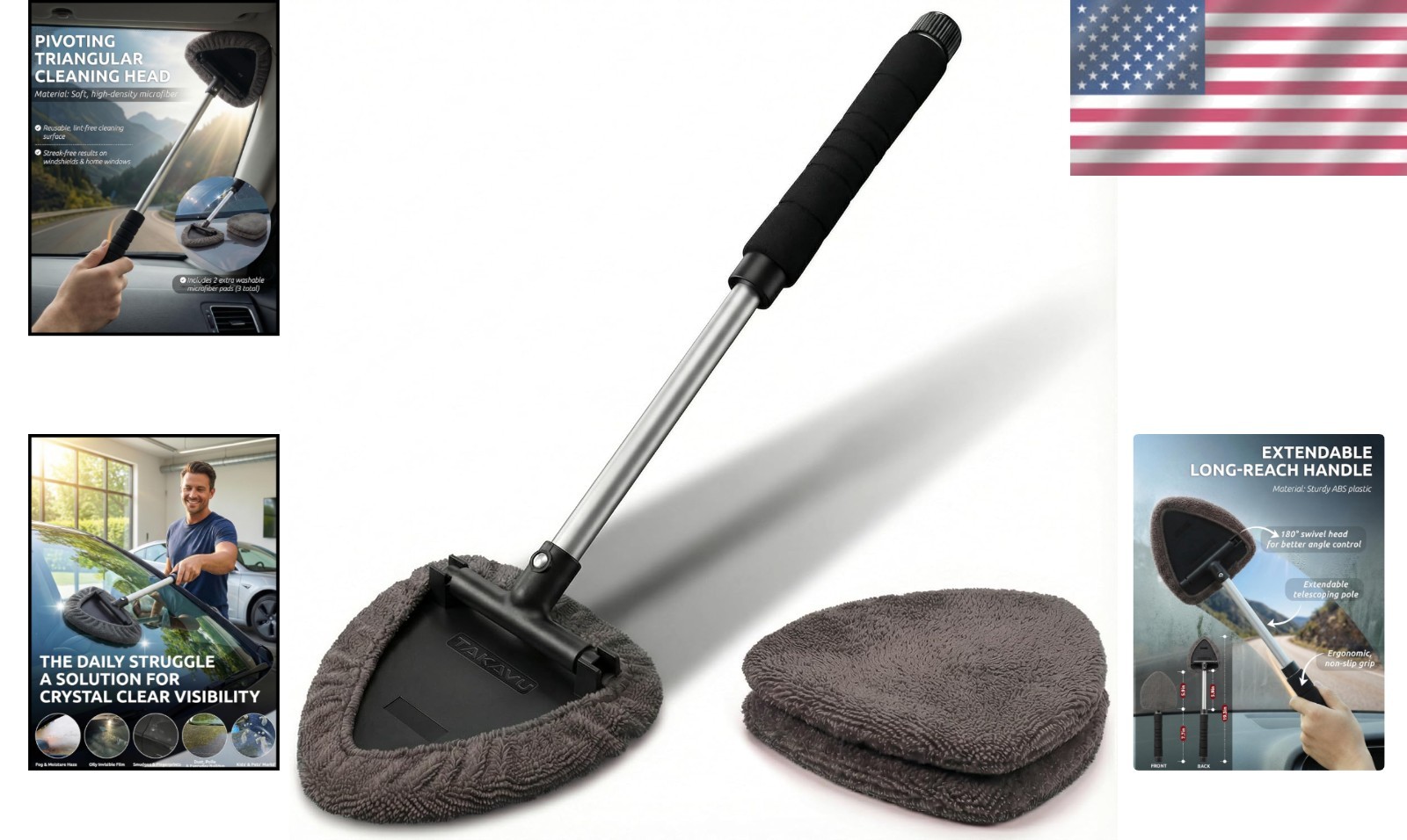 Extendable Car Window Cleaner with Adjustable Head & 3 Microfiber Bonnets – Grey