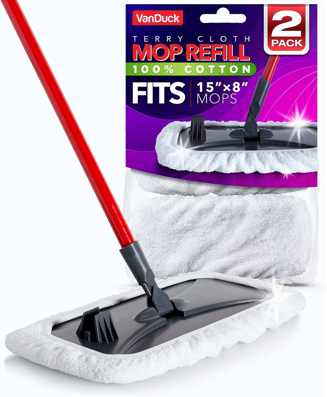 VanDuck 100% Cotton Pad Terry Cloth Mop Refills 15×8 inches, 2 Pack (Mop is N…