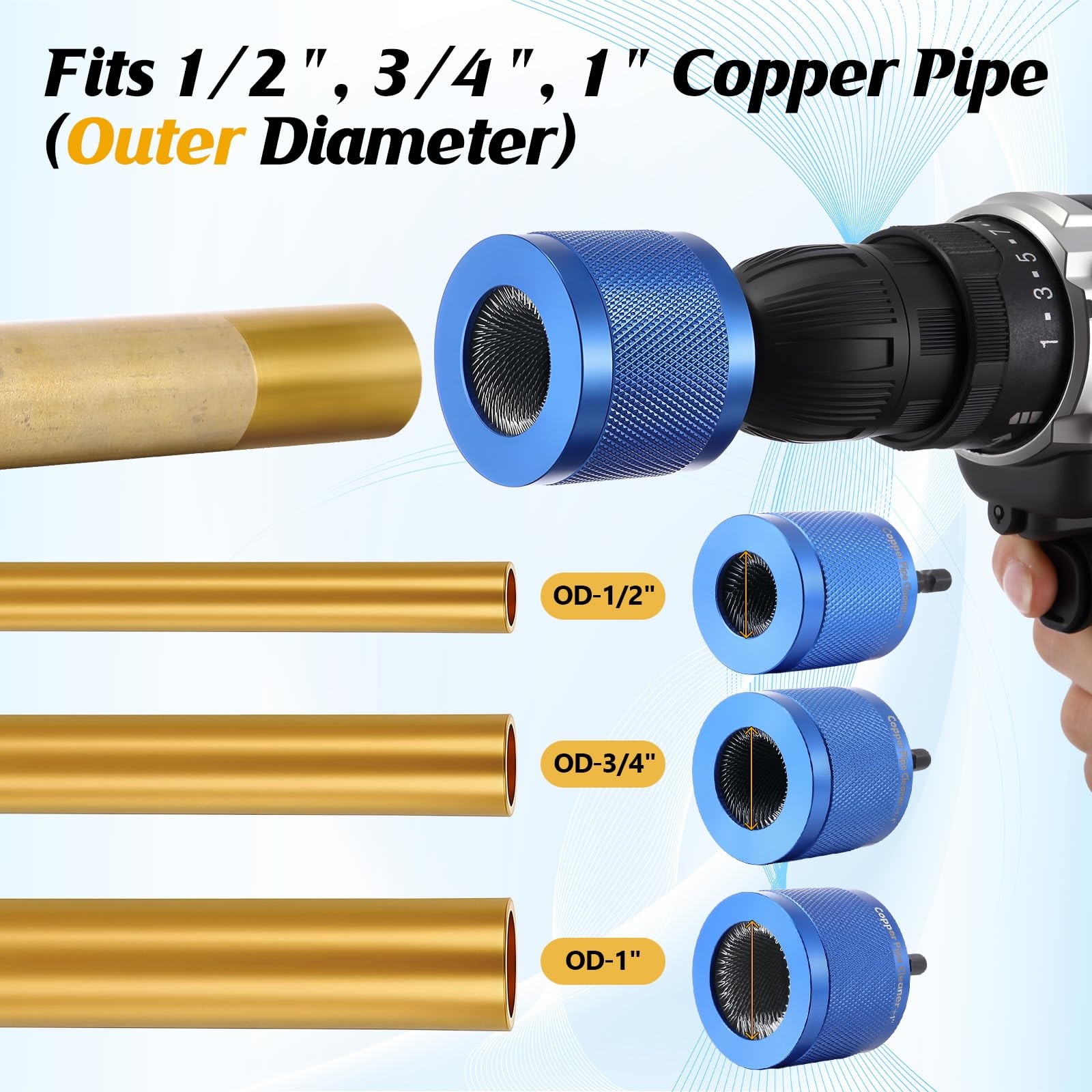 3 Pcs Copper Pipe Cleaner with 1/4 Inch Hex Shank, 1/2″ 3/4″ 1″ Wire Bore Brush