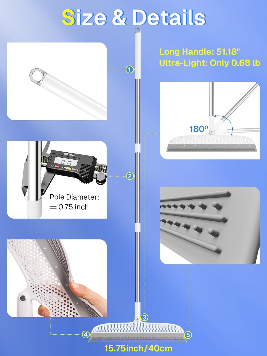 Silicone Floor Squeegee, 180° Rotating Air Broom, Squeegee for Floor with a Long