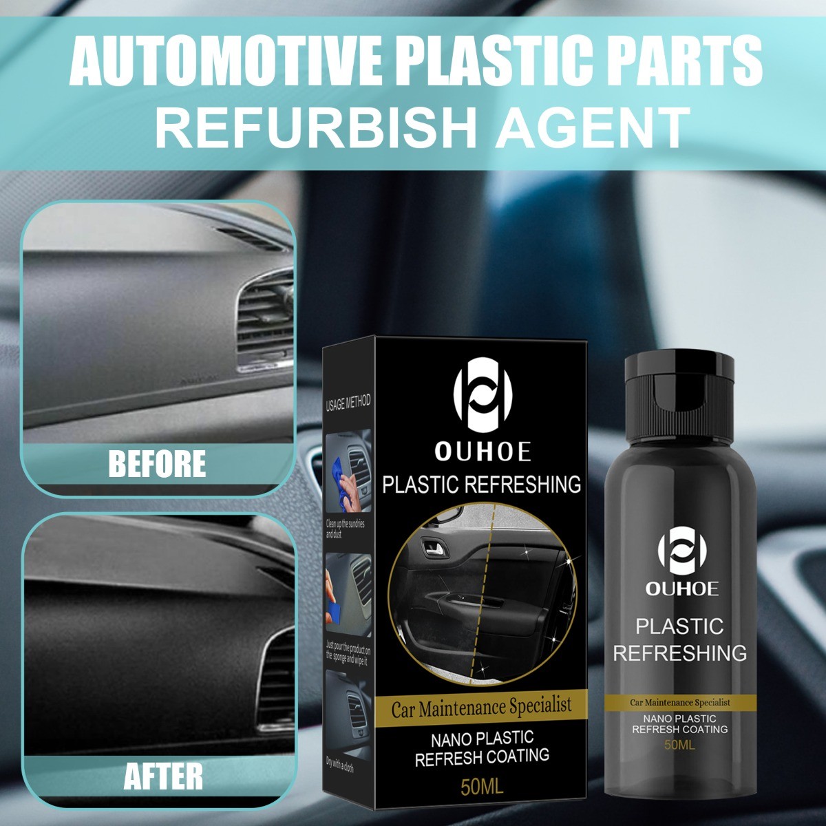 Car Dashboard Plastic Restorer 30ml, Renews & Protects Interior Trim, Anti-Dust