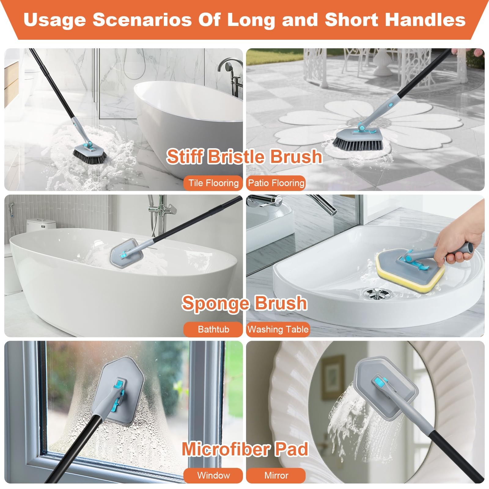 Long Handled Scrub Brush for Shower,3-in-1 Cleaning Brushes with 3 Different …