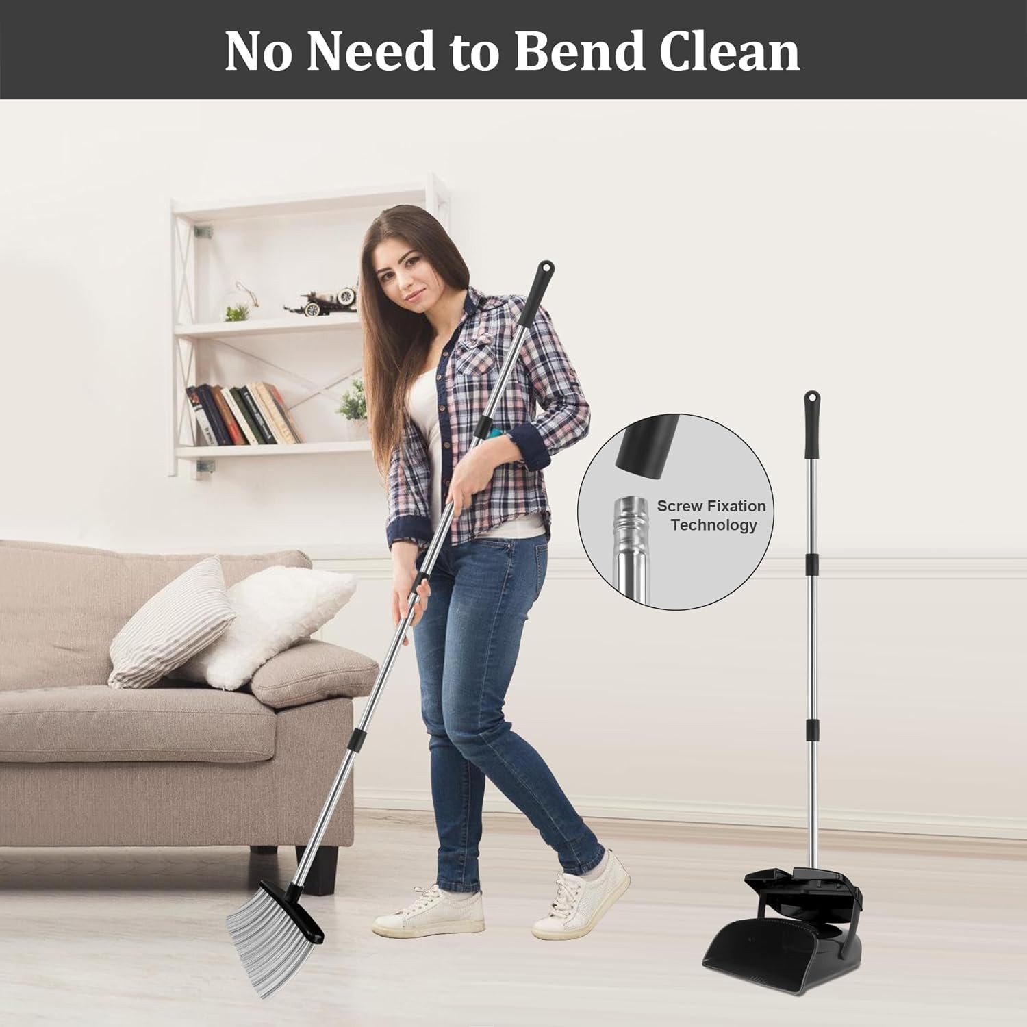 Broom and Dustpan Set, Long Handle Broom with Dustpan bo Set, Windproof