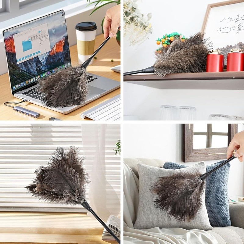 Natural Ostrich Feather Duster Soft Cleaning Tool W/ Plastic Handle Dusting New