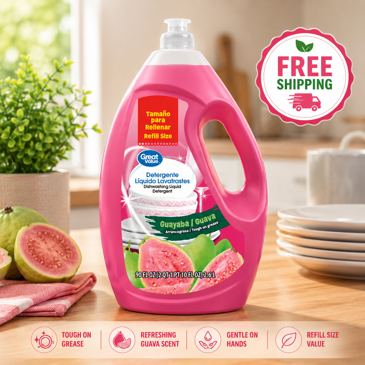 Great Value Dish Washing Liquid Detergent, Guava, 90 fl oz
