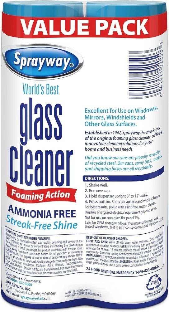 Sprayway Glass Cleaner, Foaming Aerosol, 19oz (Pack of 2) – Ammonia-Freec