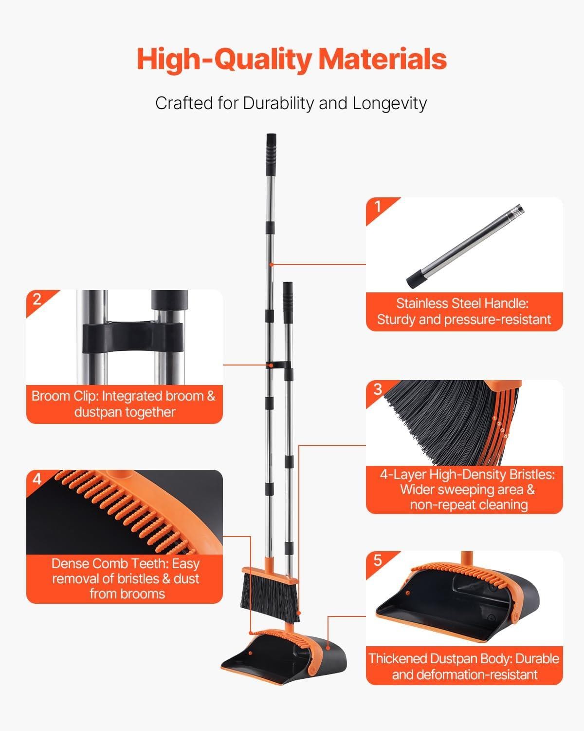 Broom and Dustpan Set Heavy Duty Dustpan and Broom Combo with Self-Cleaning Teet