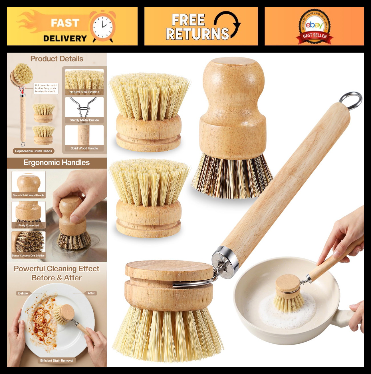 5 Pcs Bamboo Dish Brush Set – Wooden Handle, 3 Replaceable Bristle Heads & Wok S
