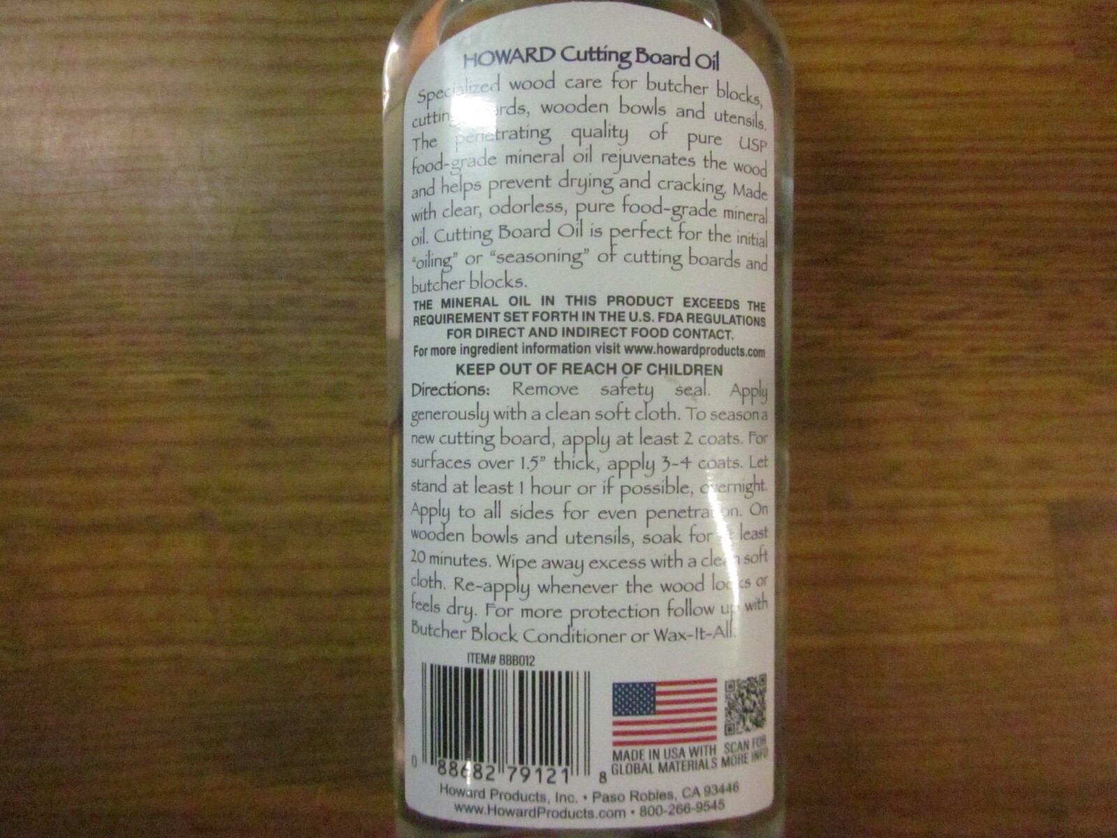 Howard BBB012 Butcher Block and Cutting Board Food Grade Safe Mineral Oil 12 oz