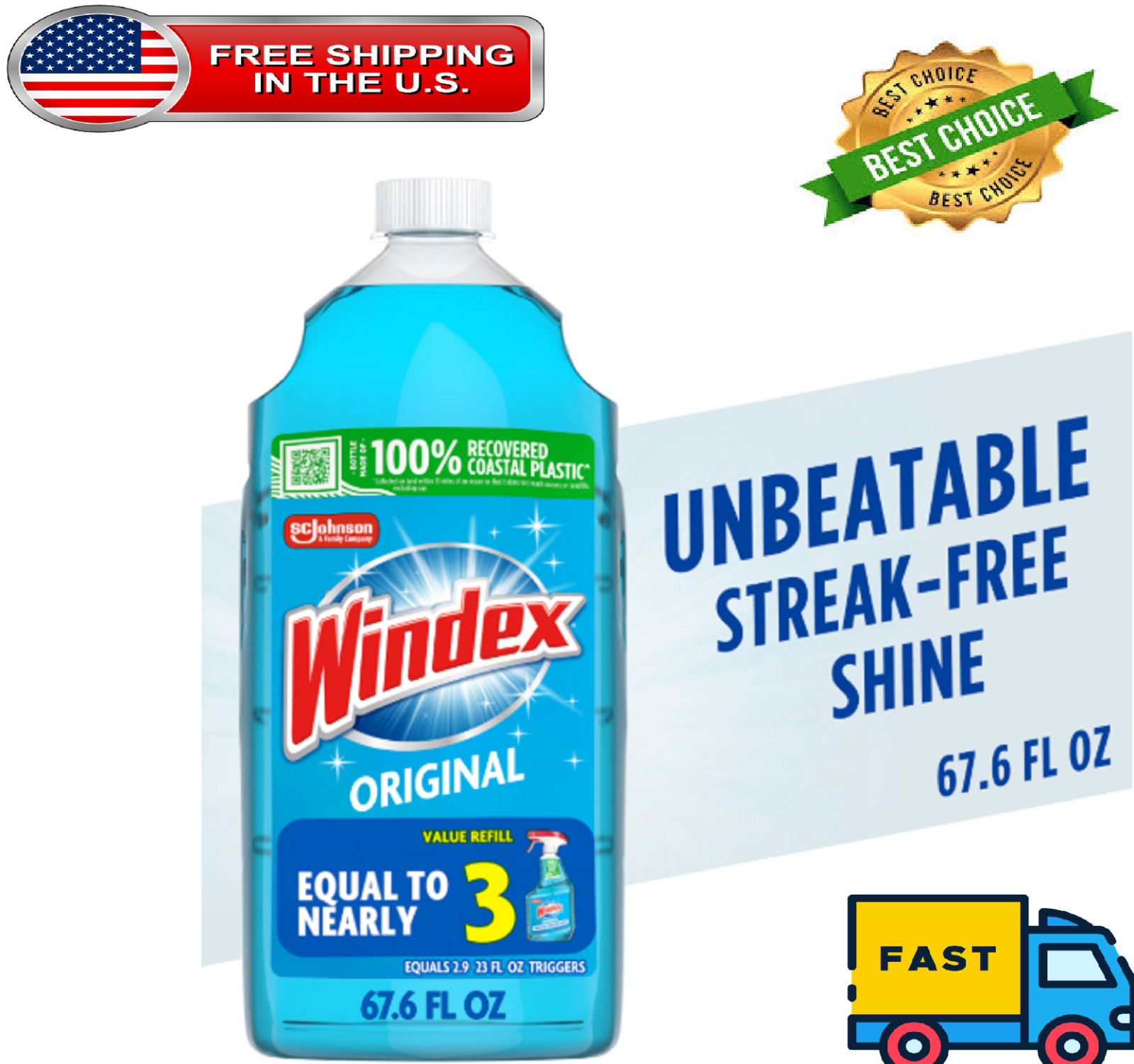 Windex Glass, Window, and Mirror Cleaner Refill, Original Blue, 2 L