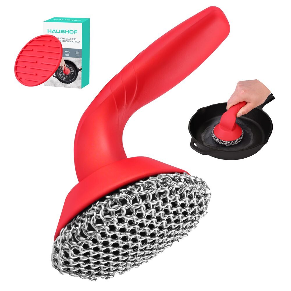 HAUSHOF Cast Iron Scrubber with Long Handle Kitchen Cleaning Kit for Grill Dutch