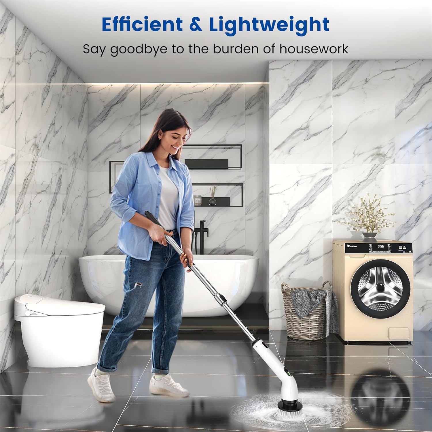 Electric rotating cleaning brush, IPX7 waterproof rating, extended handle.