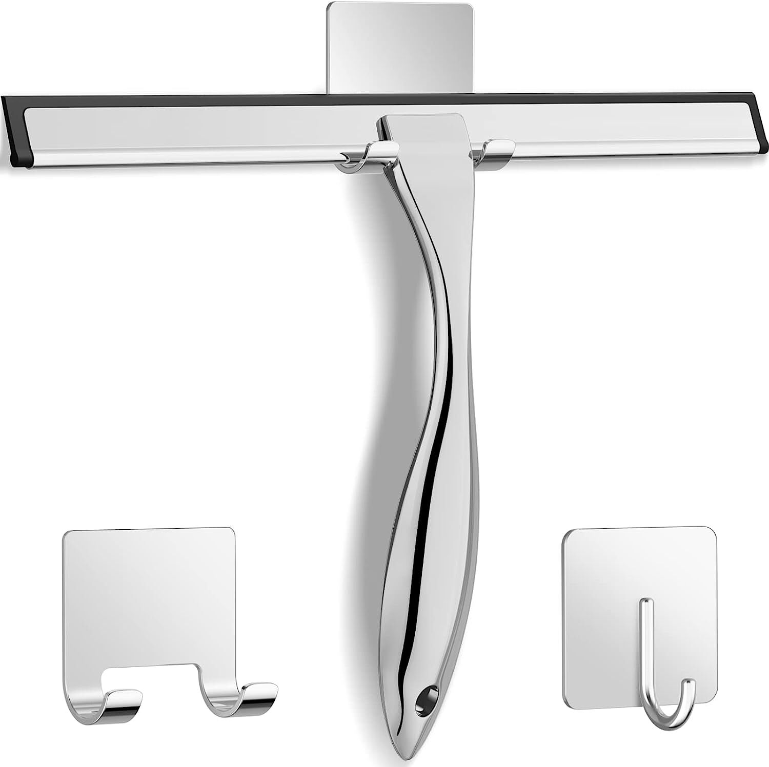 10 inch Stainless Steel Shower Squeegee for Car with 2 Adhesive Hooks Silver