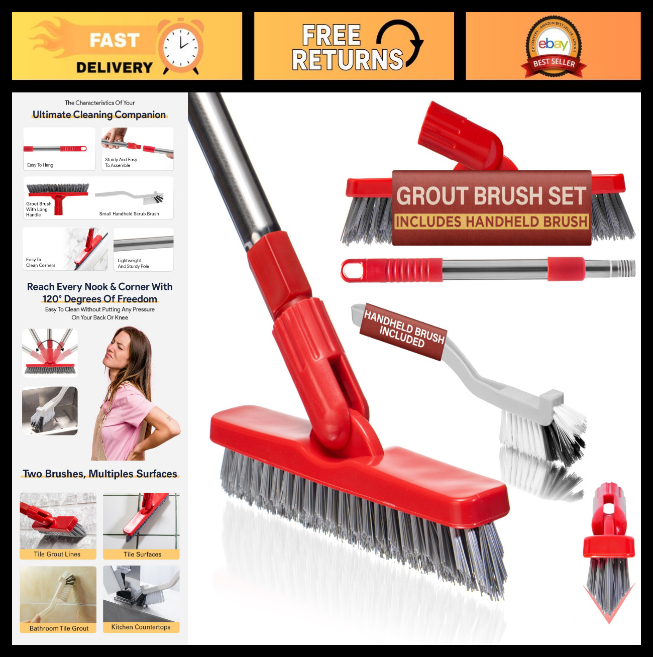Telescopic Grout Brush with Long Handle & V-Shaped Scrubber for Tile Floors