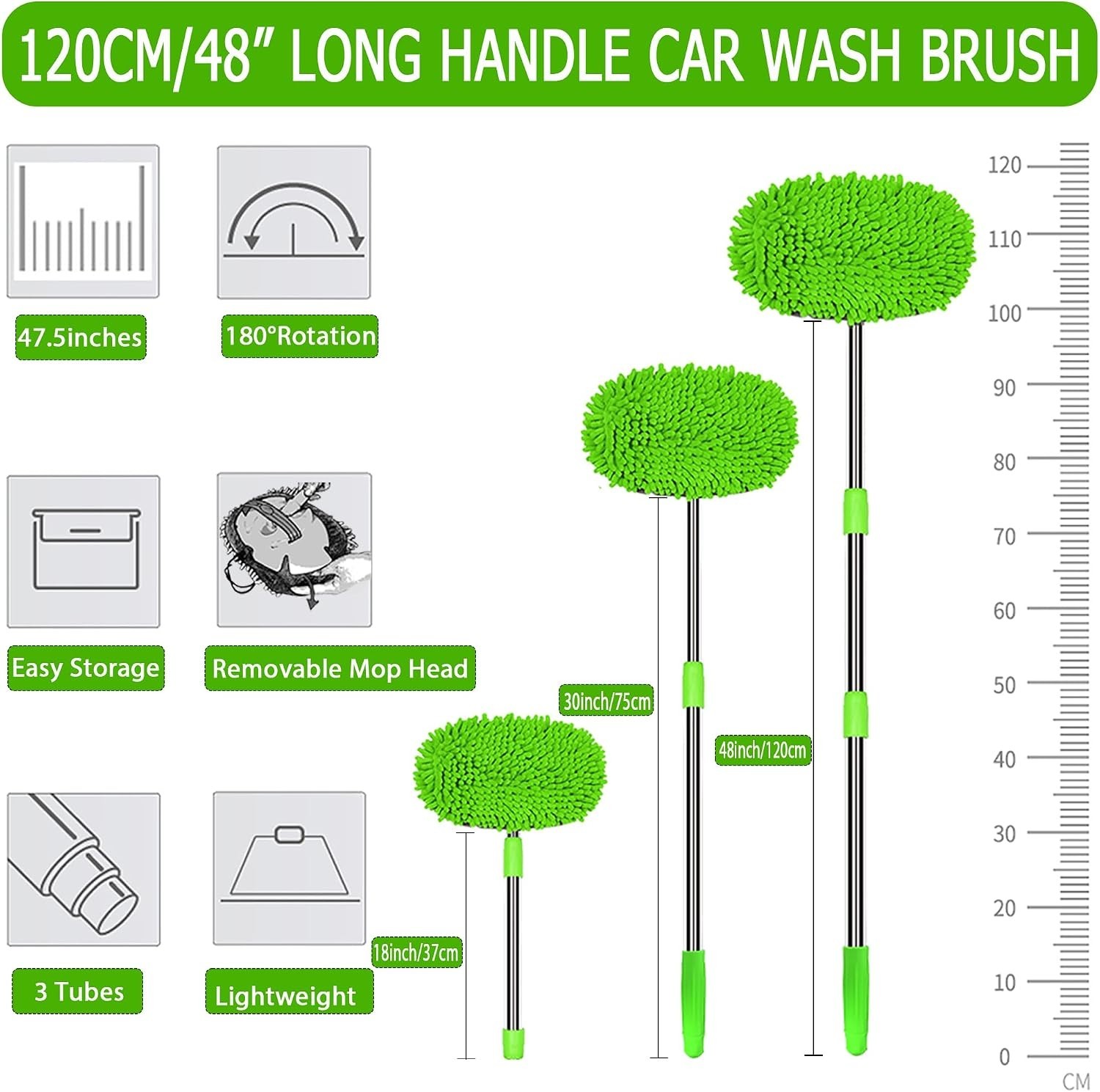 47.5″ Car Wash Brush Mop Cleaning Tool with Long Handle Kit for W Color: Green
