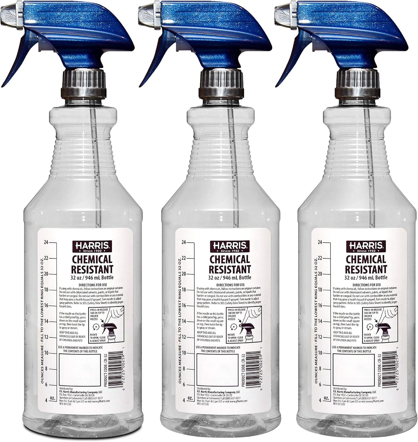 Chemically Resistant Professional Empty Spray Bottles, 32Oz (3-Pack), for Cleani