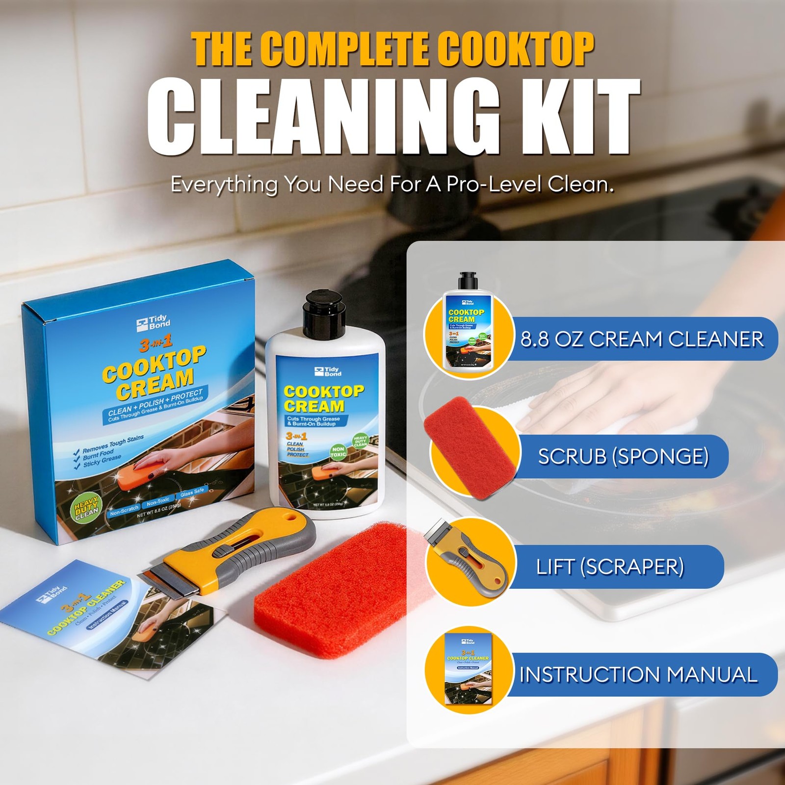 Glass Cooktop Cleaner & Polish Kit – Heavy Duty Stove Top Cleaner with Scrape…