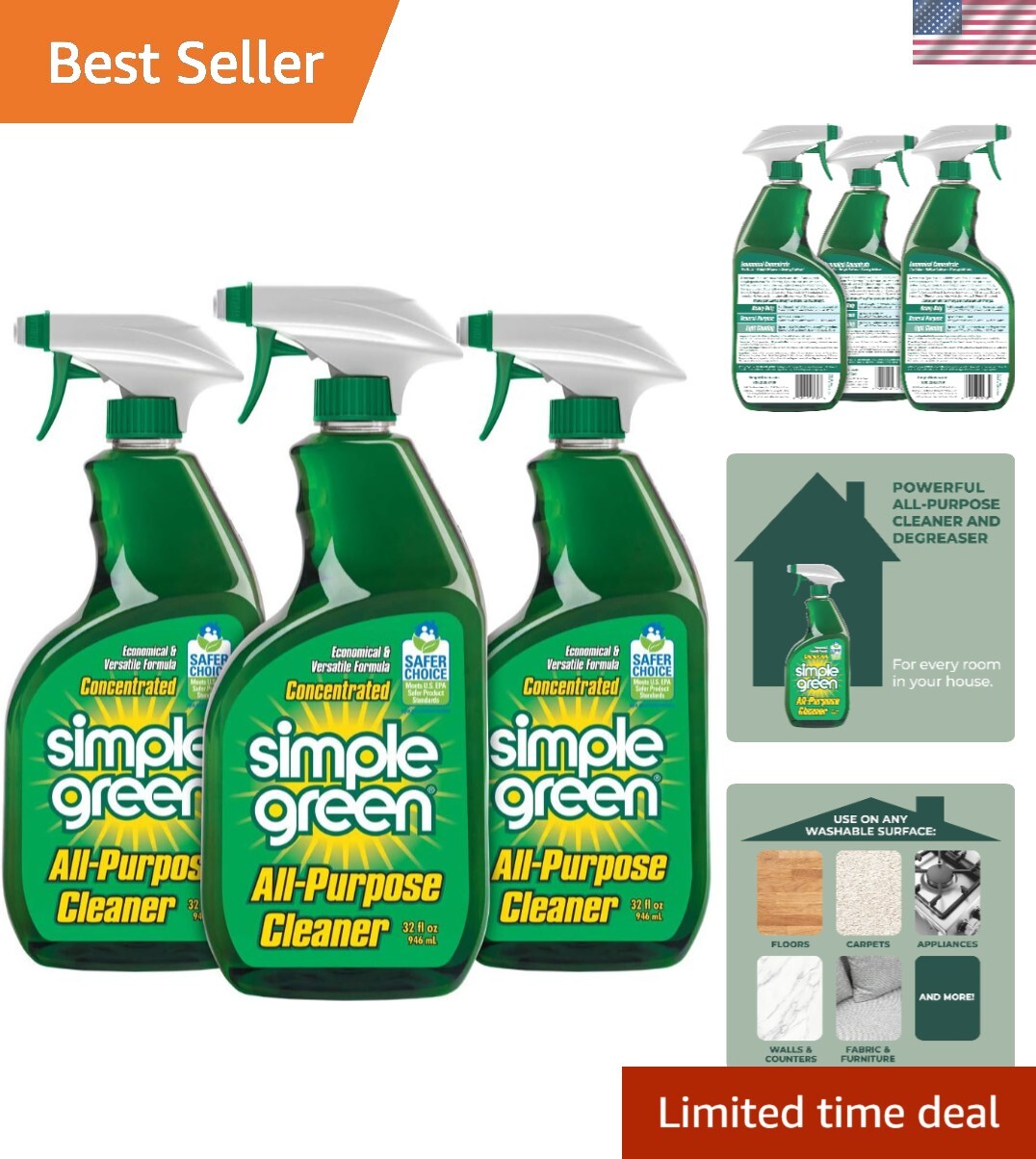 32 Fl Oz All-Purpose Cleaner Spray (Pack of 3) – Removes Dirt, Grease & Stains