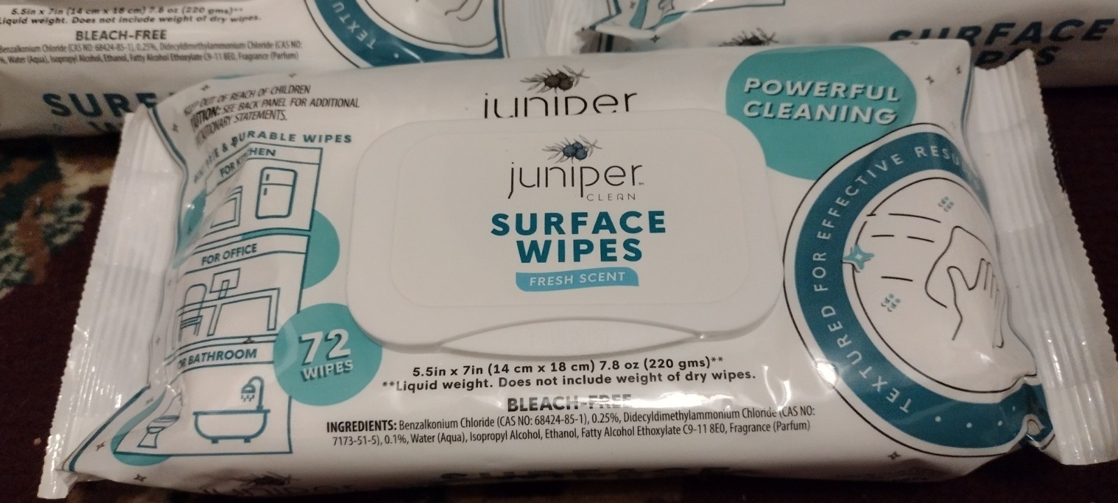 JUNIPER CLEAN MULTI-SURFACE FRESH BLEACH SCENT WIPES – 3 PACK – 72 COUNT EACH