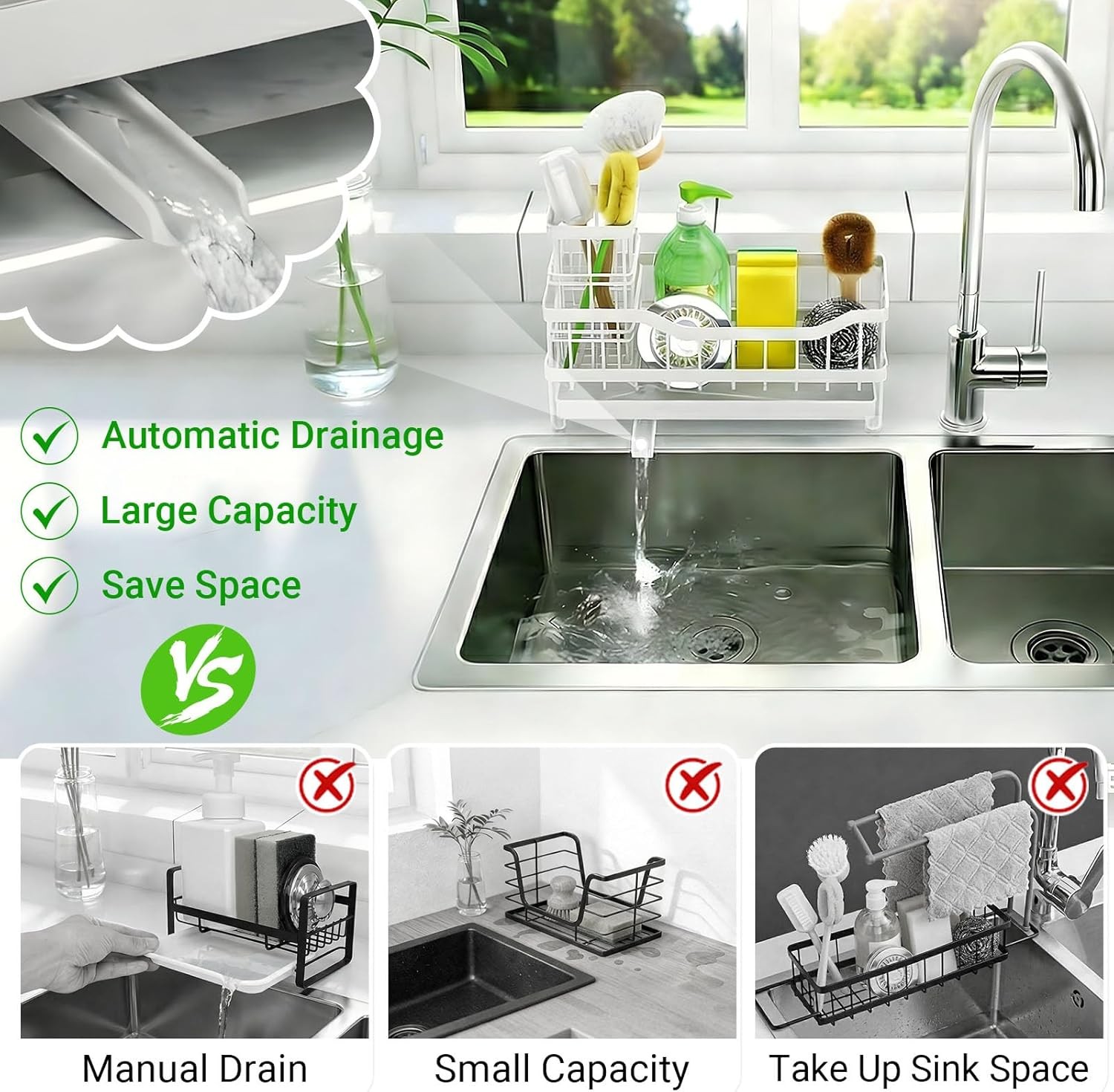 Sponge Holder for Kitchen Sink, Rustproof Sink Caddy Organizer with Dish Brush