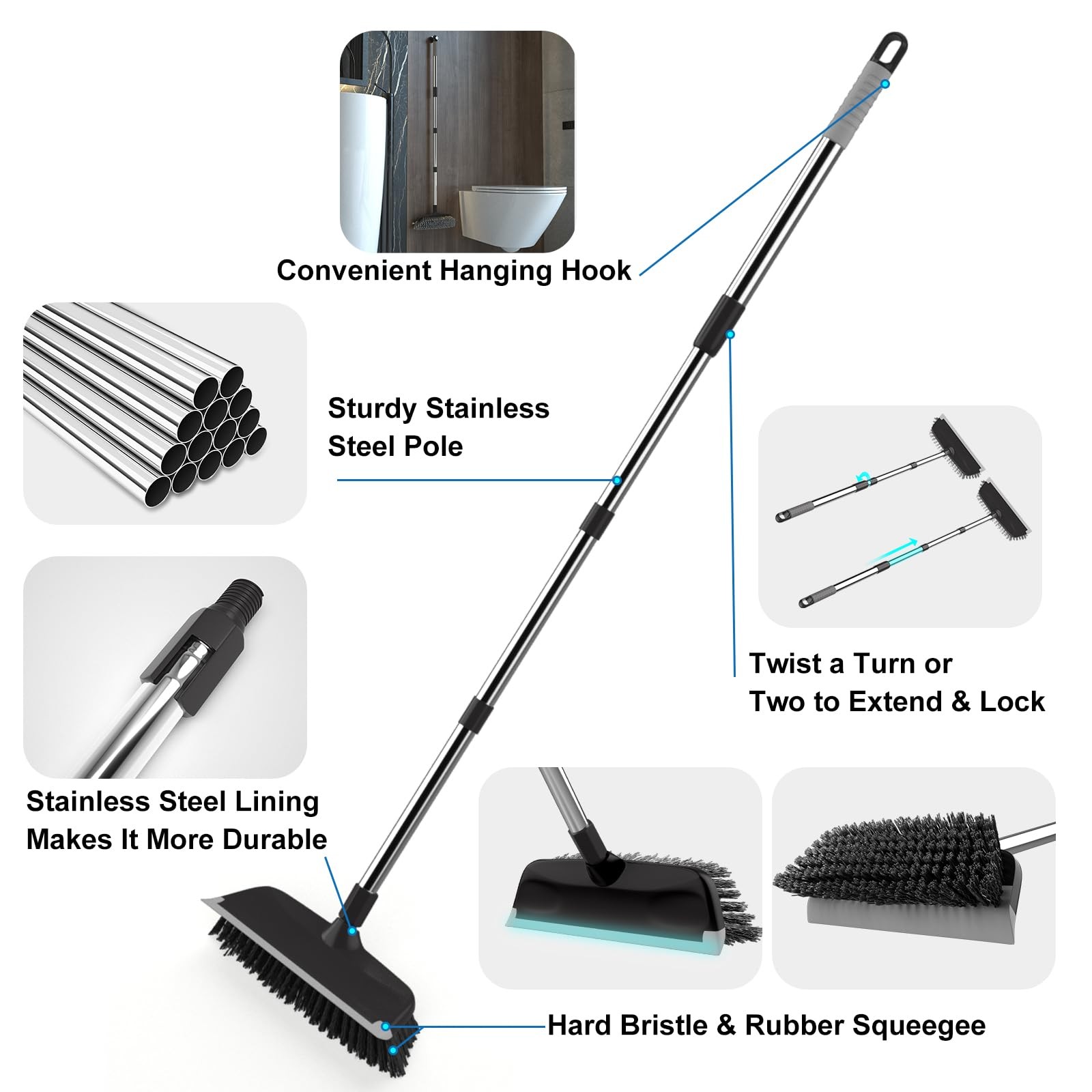 Heavy Duty Floor Scrub Brush with Long Handle, Adjustable Stainless Steel Han…