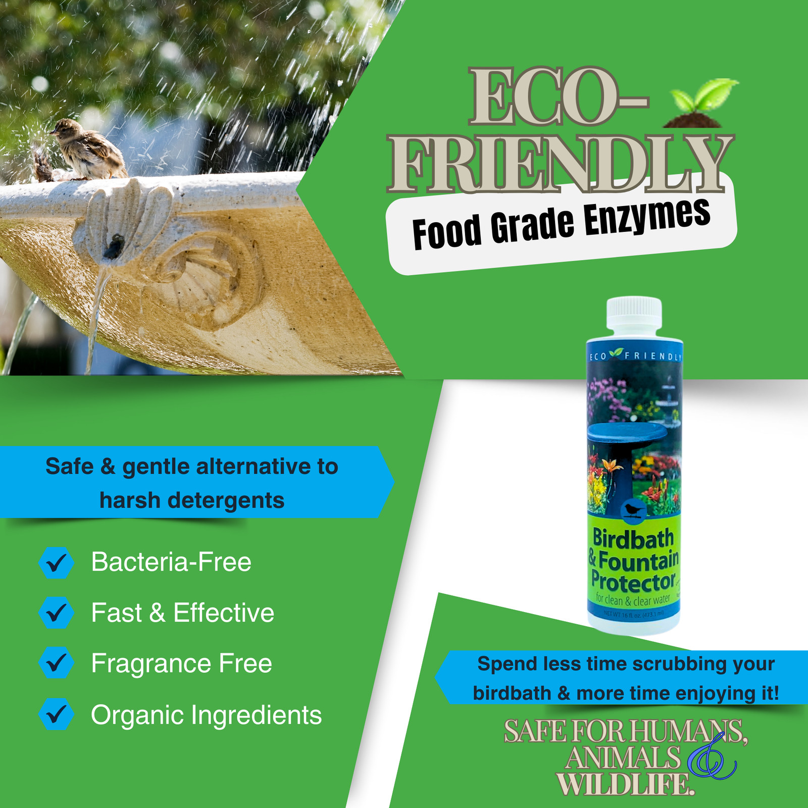 Natural Bird Bath & Fountain Protector | Keeps Water Clear & Slime-Free | 8 oz &