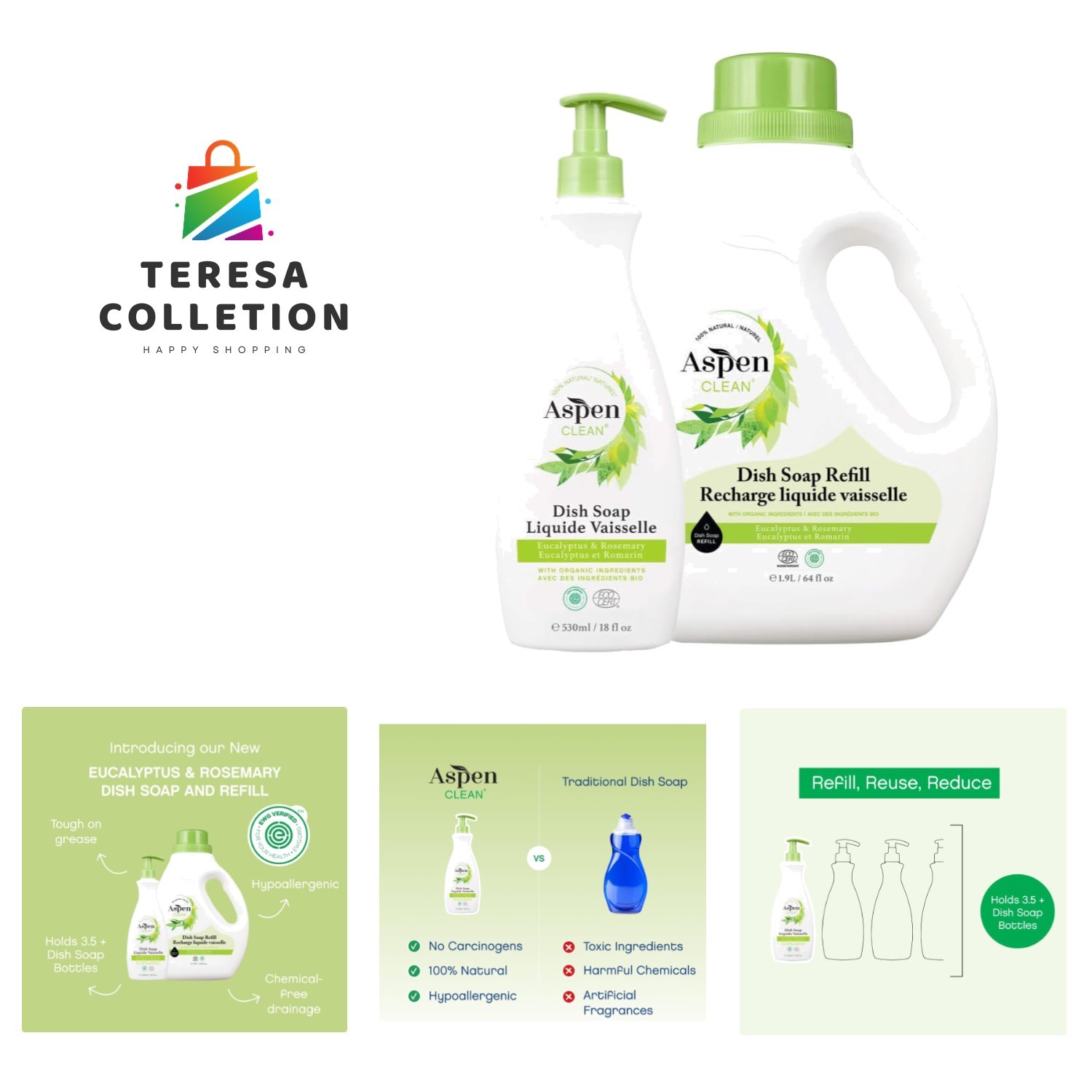 Natural Dish Soap and Refill Eucalyptus and Rosemary – 100% Natural, Organic,…